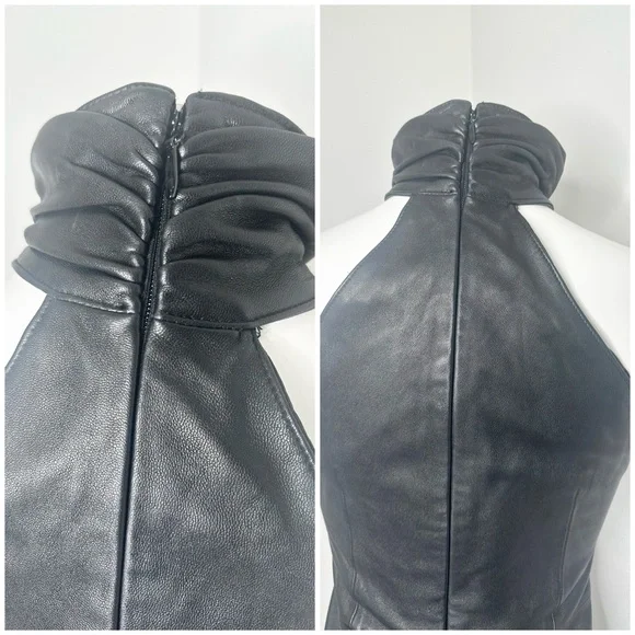 Elegant Black Halter Leather Mini Dress- PRELOVED- MEDIUM - Picture 5 of 7